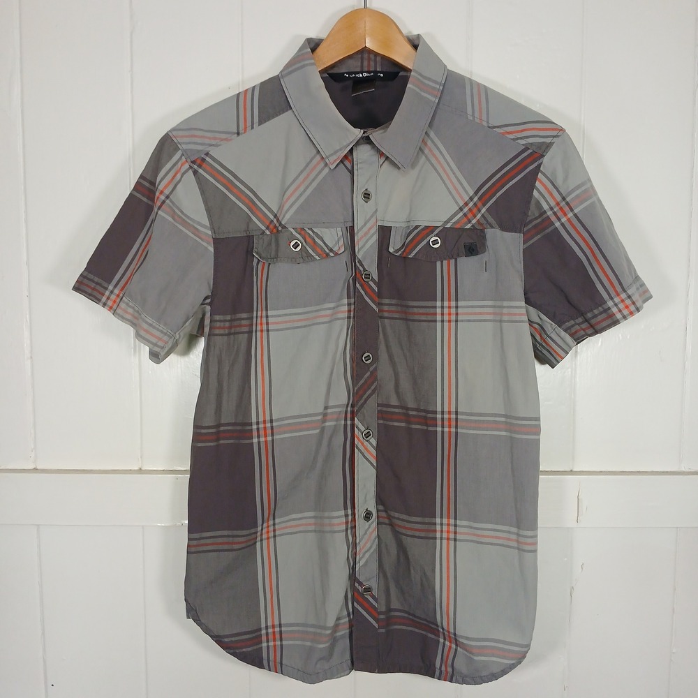 Black‎ Diamond Button Up Outdoor Shirt Mens Medium Grey Orange Plaid S16-SMS